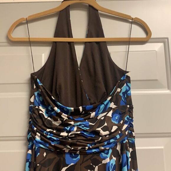 Donna Morgan Brown White Blue Rose Floral Halter Dress 8 - Picture 5 of 5